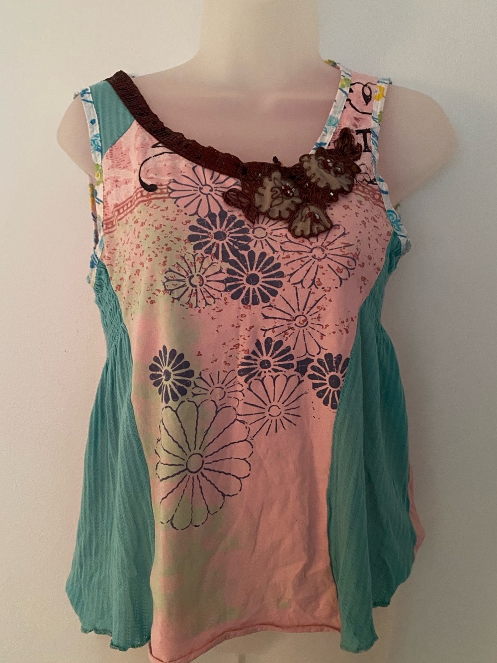 Pink Floral Tank Top with Teal Side Panels